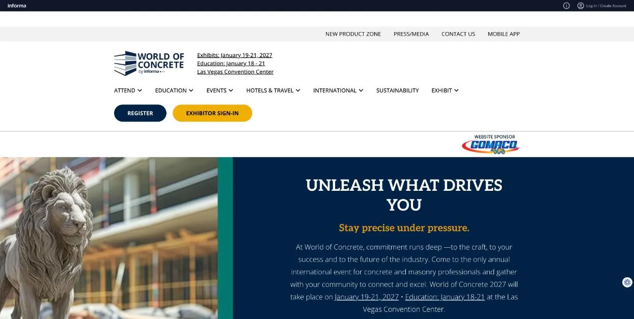 World of Concrete 2027 official website homepage, screenshot taken October 2026