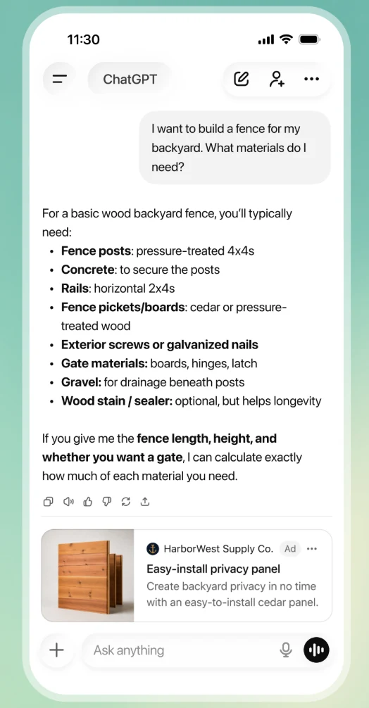 Example ChatGPT ad below an answer about building a backyard fence