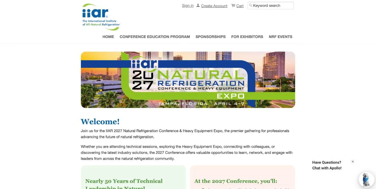 IIAR 2027 Natural Refrigeration Conference & Heavy Equipment Expo official website homepage, screenshot taken October 2026