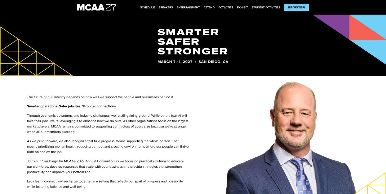 MCAA 2027 Annual Convention official website homepage, screenshot taken October 2026