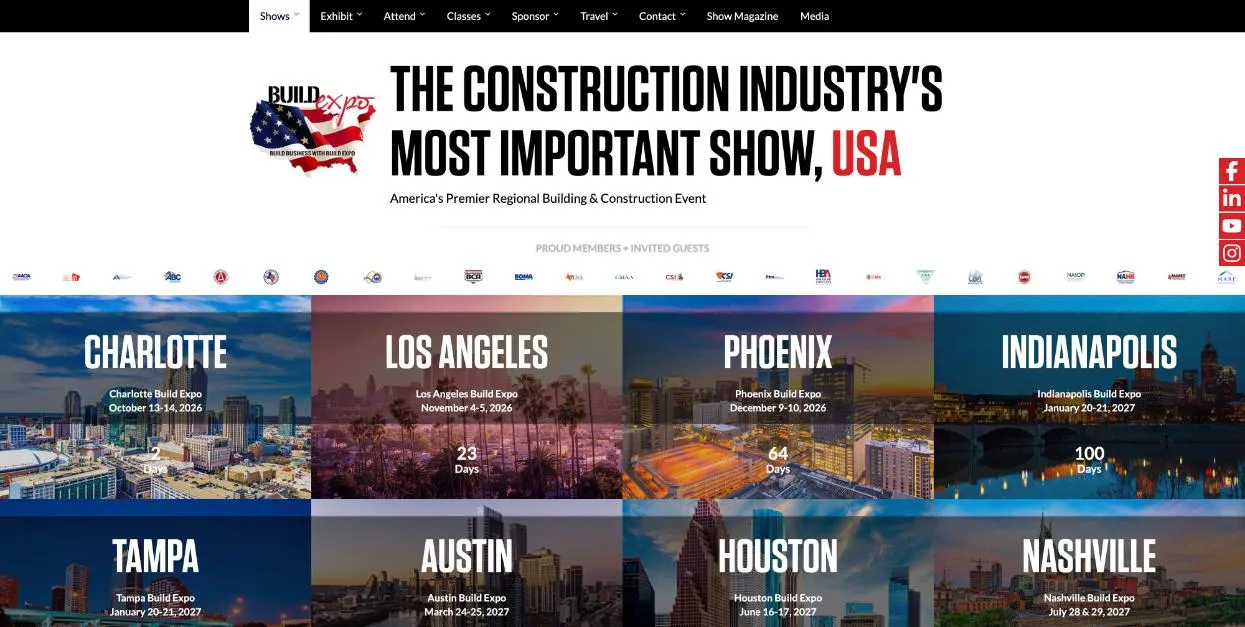 Los Angeles Build Expo official website homepage, screenshot taken October 2026