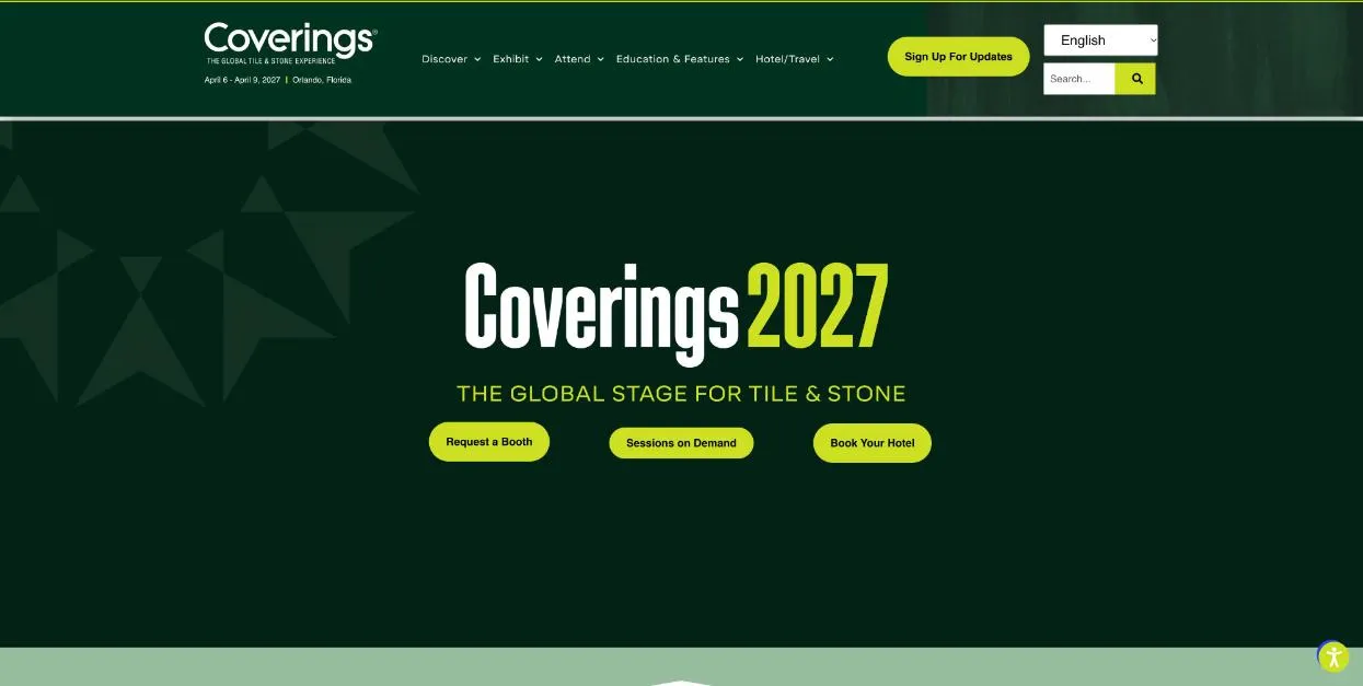 Coverings 2027 official website homepage, screenshot taken October 2026