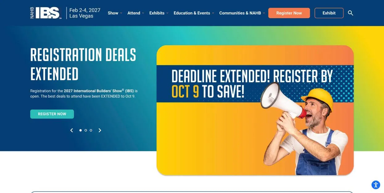 NAHB International Builders Show 2027 (IBS) official website homepage, screenshot taken October 2026