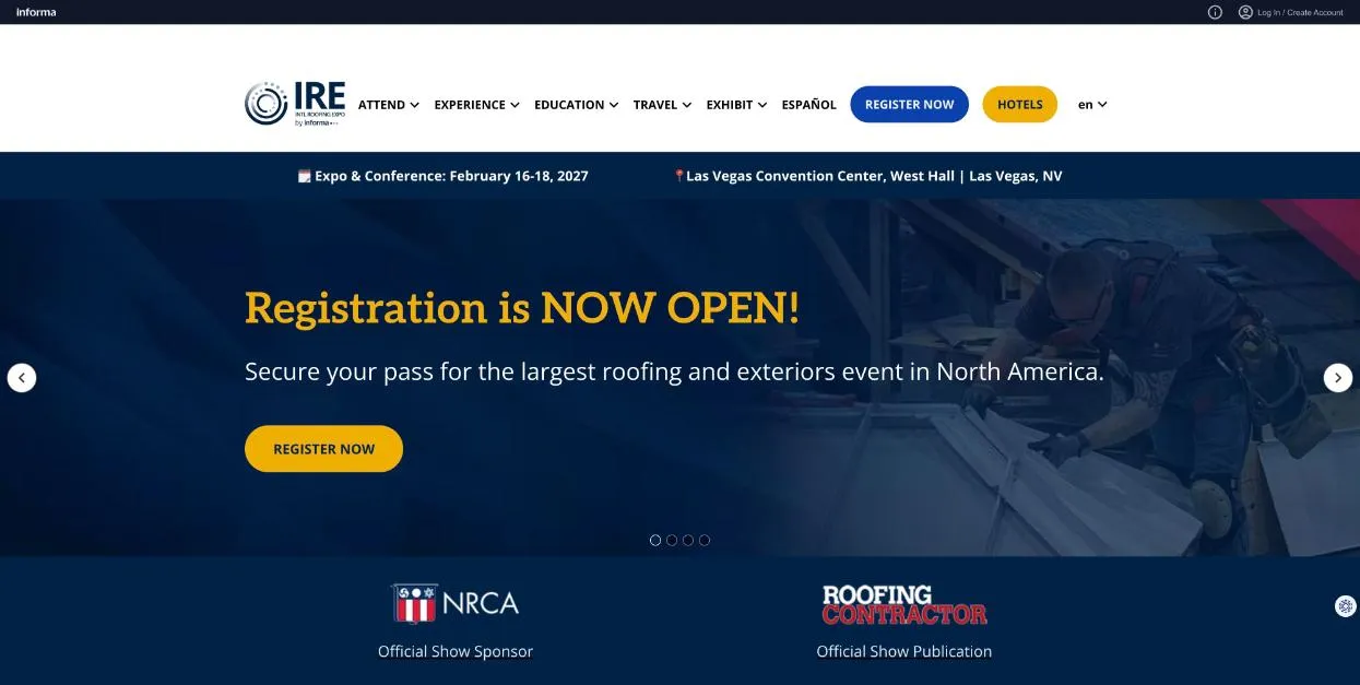 International Roofing Expo 2027 (with NRCA 140th Annual Convention) official website homepage, screenshot taken October 2026